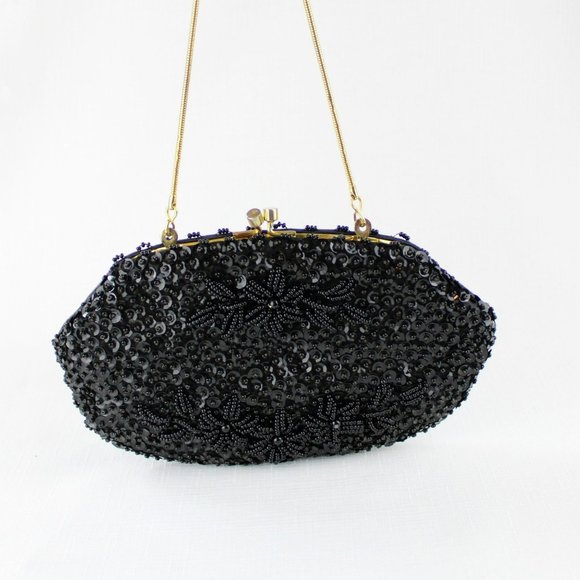 Vintage Black Beaded Purse Kiss Clasp Pouch Purse Frame Serpent Chain Gold PU30 - Picture 2 of 11